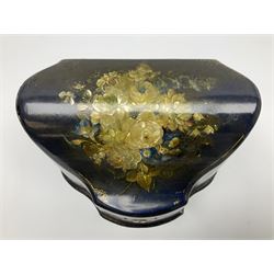 Victorian papier-mâché stationary box, of rounded wedge form with mother of pearl escutcheon, the hinged and curved cover and sides hand painted with floral sprays, opening to reveal a lined and fitted interior, H15cm L22cm D16cm