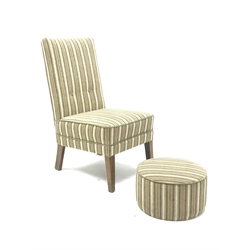Beech framed nursing chair upholstered in buttoned green striped fabric with matching circular footstool