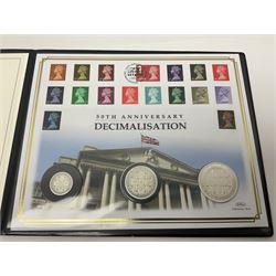 Two Queen Elizabeth II 2021 silver proof three-coin covers, comprising 'Queen Elizabeth II's Platinum Jubilee' with Solomon Islands coins and '50th Anniversary of Decimalisation' with Tristan da Cunha coins, both in Harrington and Byrne folders