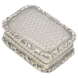 Georgian silver vinaigrette, of typical rectangular form, with engraved decoration and blank cartouche to hinged cover, opening to reveal gilt interior, with personal engraving, hallmarked Ledsam, Vale & Wheeler