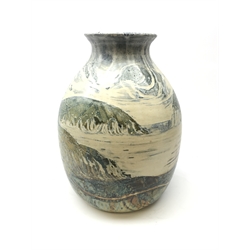  John Egerton (c1945-): studio pottery stoneware vase decorated with stylized coastal scene, signed and dated 2000 H39cm  