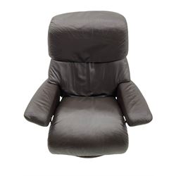 Ekornes Stressless - swivel reclining armchair with adjustable headrest, upholstered in cocoa brown leather, with matching footstool