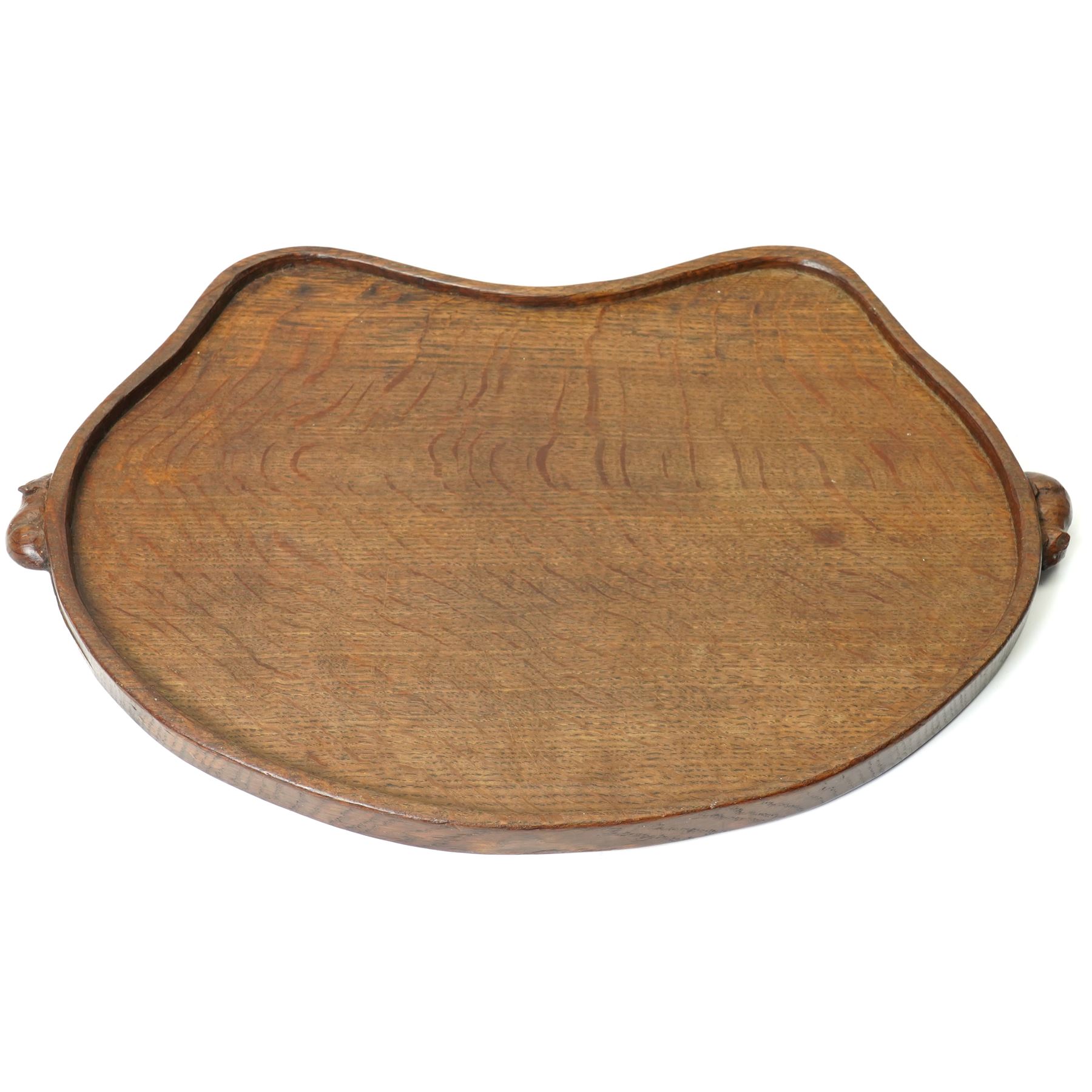 Mouseman - adzed oak kidney shaped tea tray, with twin carved mouse signature handles, by the workshop of Robert Thompson of Kilburn
