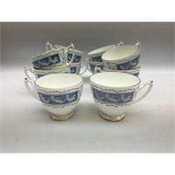 Coalport Revelry pattern tea and dinner wares, comprising nine dinner plates, four salad plates, eleven side plates, sauce boat and stand, ten teacups and ten saucers, and preserve pot and cover, together with a Coalport plate of shaped form decorated with pink roses, and a Royal Crown Derby Royal Antoinette pattern trio