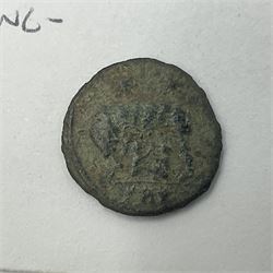 Three House of Constantine bronze coins to include Constantine the Great URBS ROMA; Crispus (AD 317-326) and Constantine II (AD 337-340), both PLON London mint, with small group of Roman etc metal detecting find coins (17) 