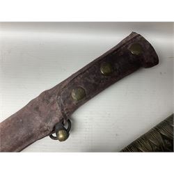 Copy of a WWII Japanese NCO sword, the 65cm slightly curving blade stamped with pseudo Japanese characters and cast brass simulated cord bound grip; in officer's leather bound field scabbard L97cm overall