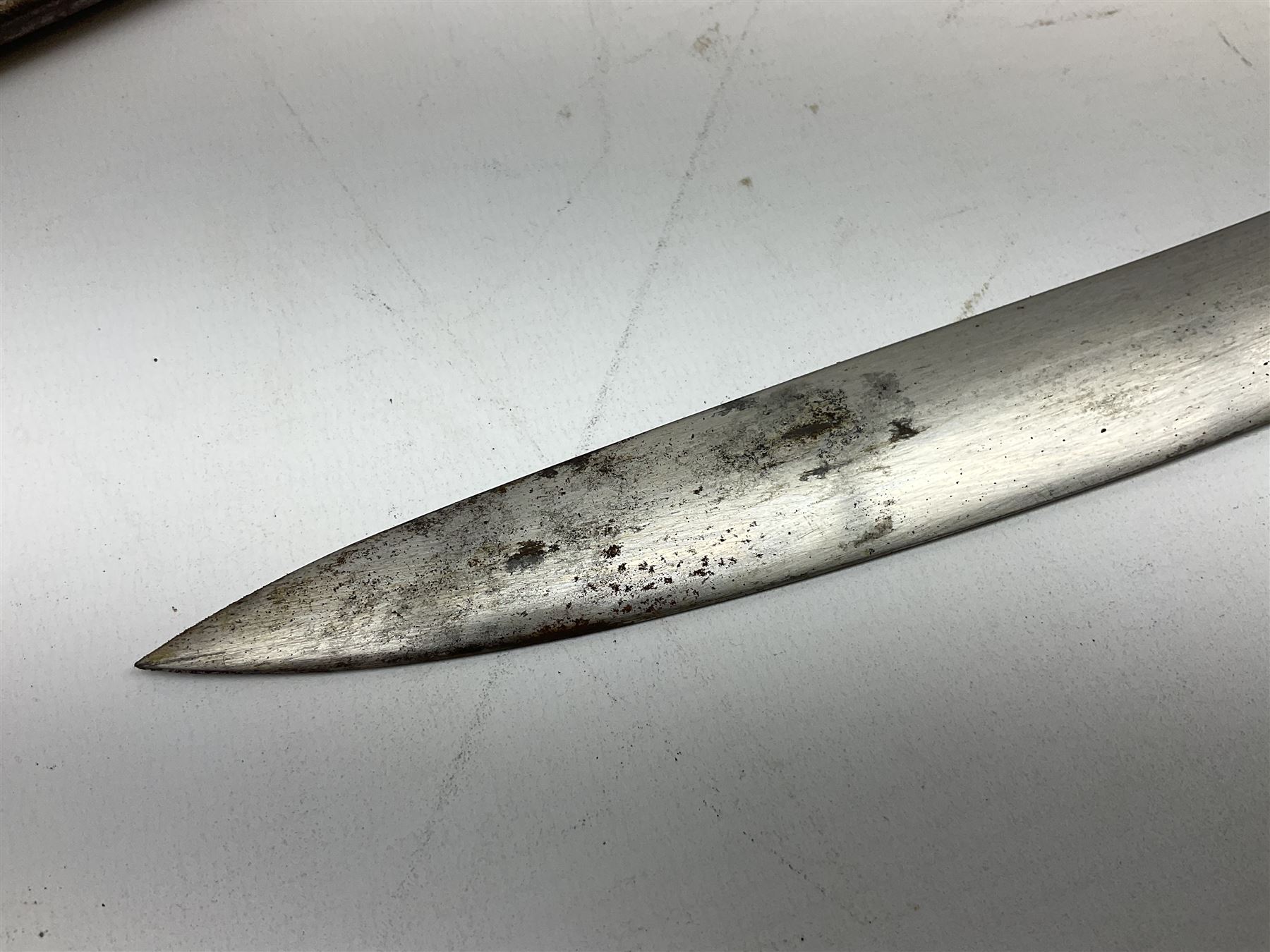 19th century Bayonet with 58cm fullered Yataghan shaped blade, stamped with anchor mark, with leather scabbard