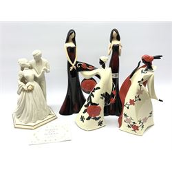 Franklin Mint bisque porcelain figure group 'To Have and To Hold' by Ronald Van Ruyckevelt, with certificate, H31cm together with a pair of Rio figurines and a pair of Leonardo Collection figurines (5)