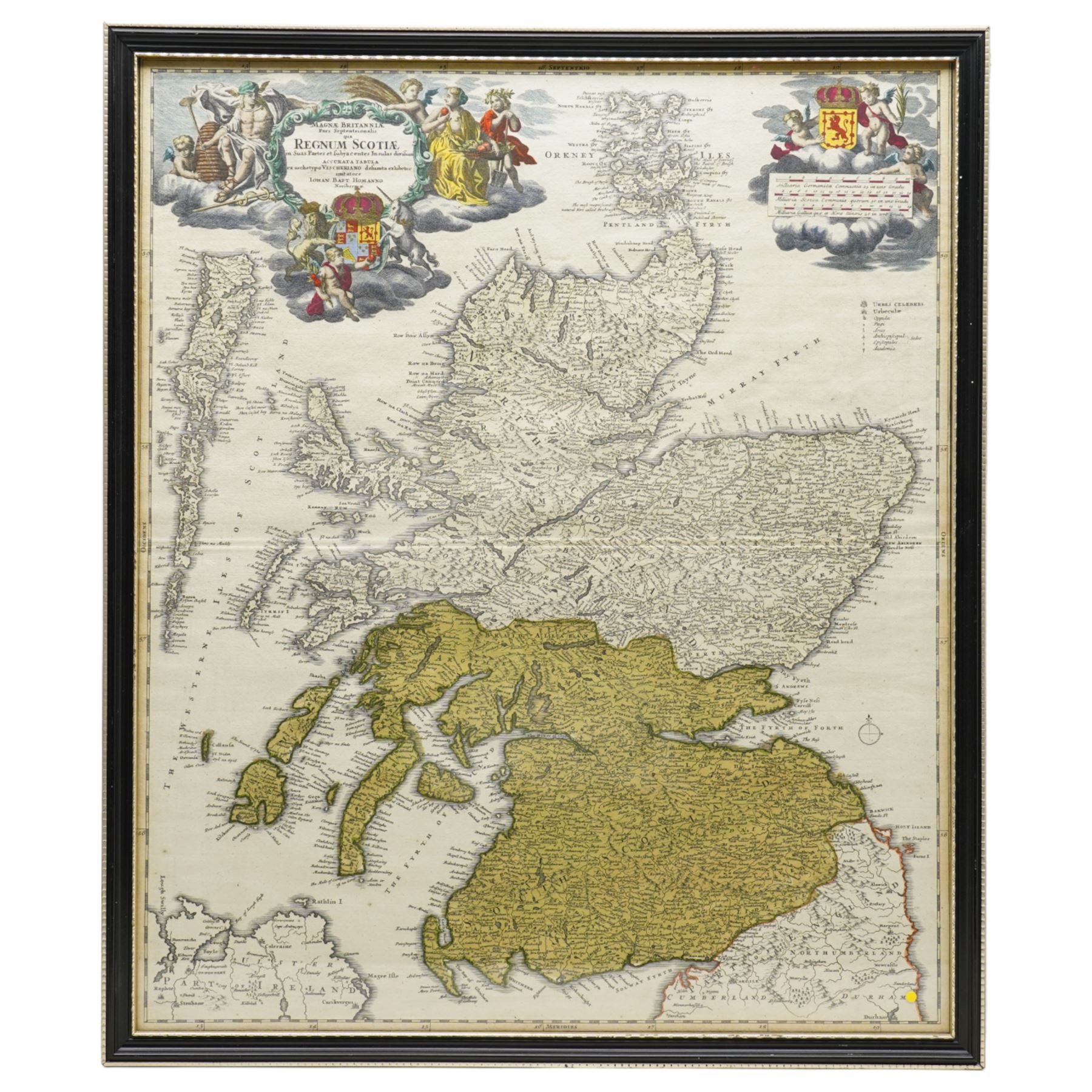 Johann Baptist Homann (German 1664-1724): 'Magnae Britanniae Pars Septenttrionalis qua Regnum Scotiae', early 18th century engraved map with hand-colouring of Scotland pub. c.1720, 56cm x 47cm