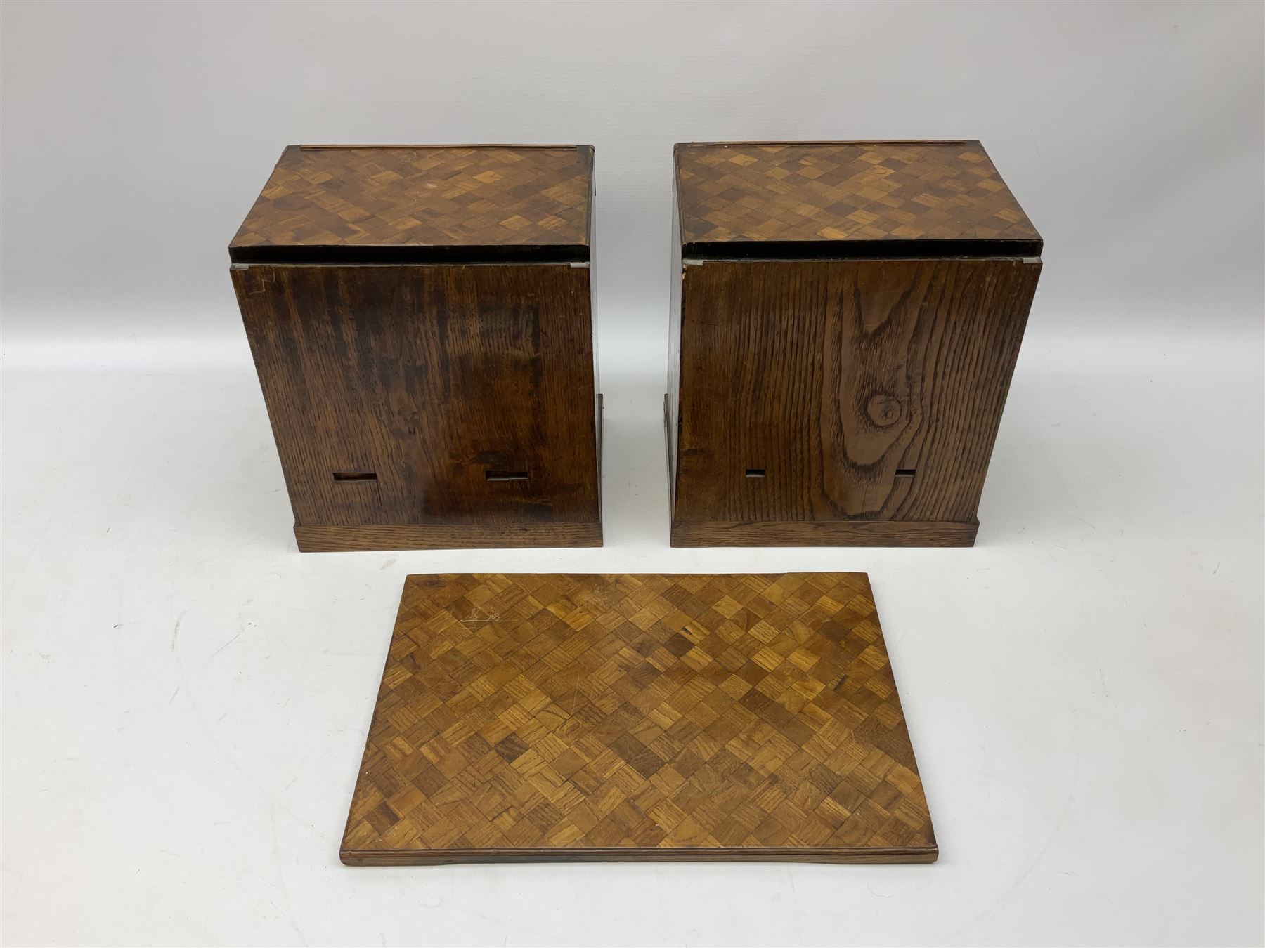 Japanese miniature kneehole desk decorated with parquetry inlay, the loose leaf top resting on one pedestal cabinet with four drawers, and another with hinged cupboard door opening to reveal two interior drawers above a lower drawer, H26cm, W68.5cm D24cm