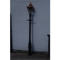 Victorian style cast iron street lamp post with copper and glass lantern top, H336cm