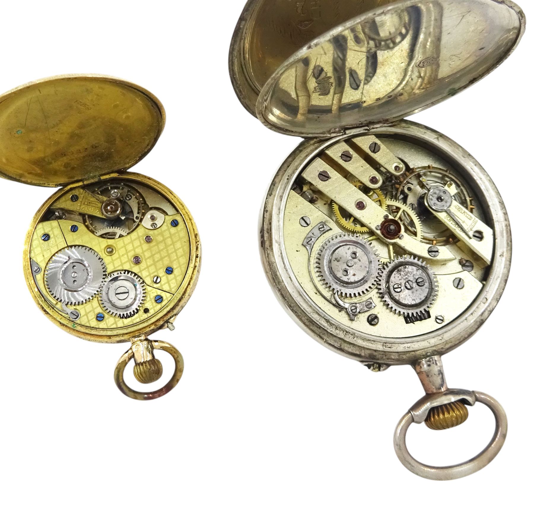 Early 20th century 14ct gold keyless lever pocket watch and Swiss silver keyless pocket watch, stamped, white dial with Roman numerals and subsidiary seconds dial, hallmarked