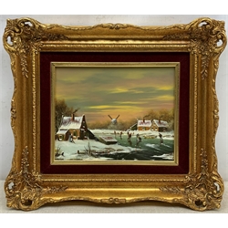 Johannes Kaiser (Dutch 1928-): Figures Skating, oil on panel signed 18cm x 24cm