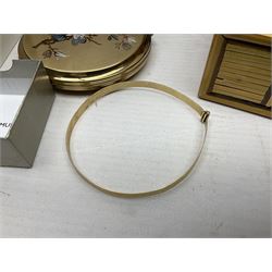 9ct gold bangle, hallmarked, pair of Pandora silver infinity earrings, 9ct gold stone set studs, other silver jewellery, costume jewellery, Stratton compact mirror and a Vincenza glass basket