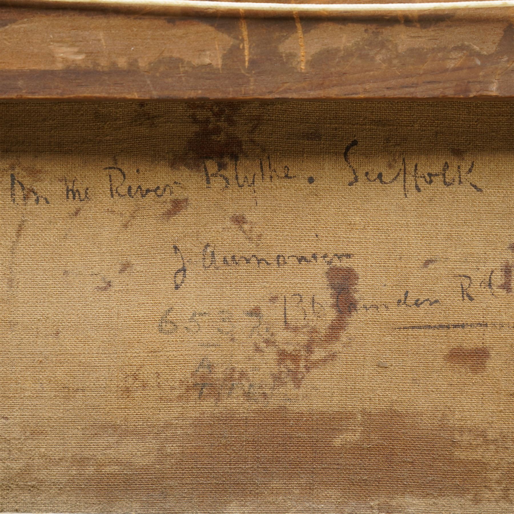 James Aumonier (British 1832-1911): Boats Moored on the Norfolk Broads, oil on canvas signed and dated 1877, i n antique gilt and gesso swept frame 20cm x 29cm