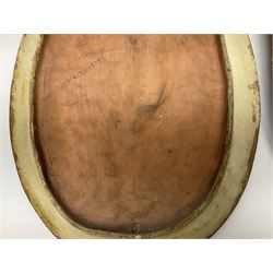 Pair of 19th century classical terracotta relief wall plaques depicting the goddess Hygeia and another goddess, seated holding an ewer, each of oval form, indistinctly signed, each stamped Ferreira verso, H42cm, W30cm