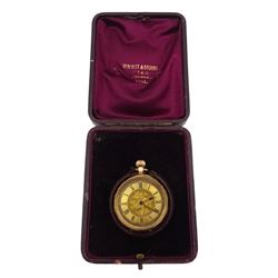 Early 20th century 14ct gold open face ladies keyless cylinder fob watch stamped 14K, No. 7898, gilt dial with Roman numerals, back case with engraved and engine turned decoration and central cartouche, in velvet and silk lined case
