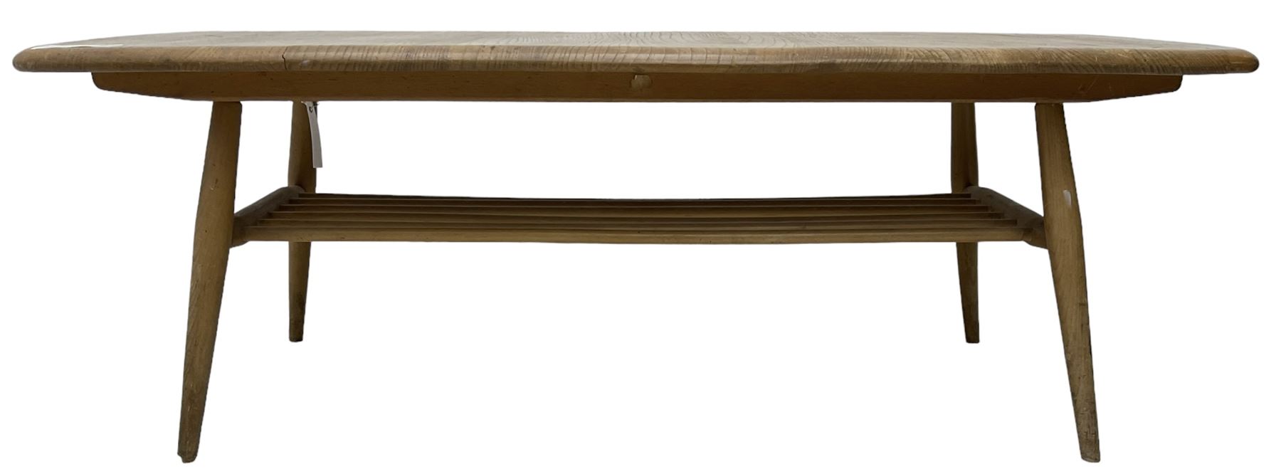 Ercol - mid-20th century blonde elm and beech model 459 coffee table, rectangular top over spindle magazine rack