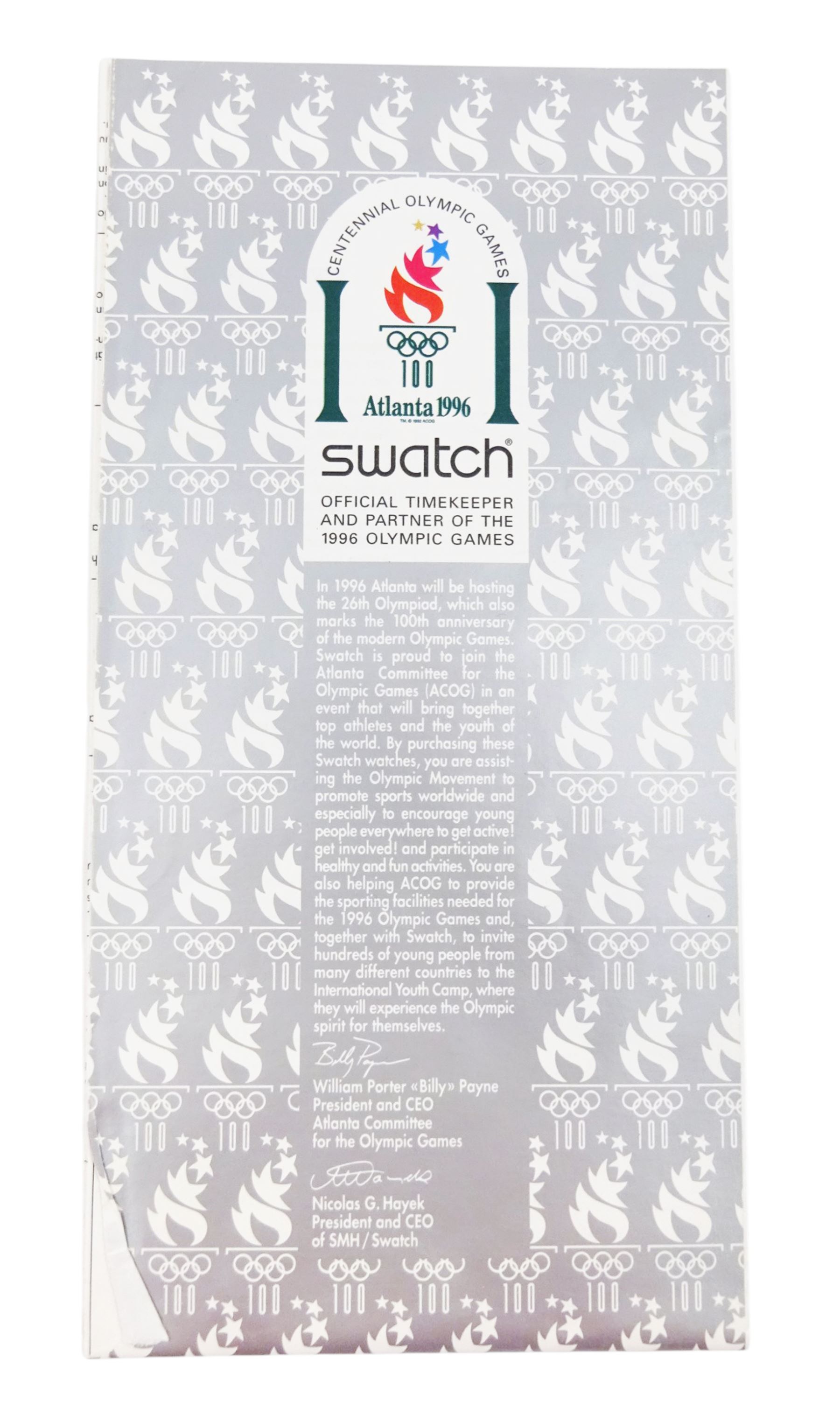 Swatch Historical Olympic Games Watch Collection, eight quartz wristwatches and one automatic, made for the Atlanta 1996 Olympic games