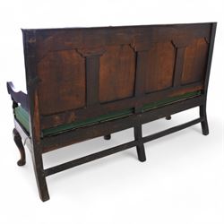 18th century oak settle or hall bench, moulded cresting rail over quadruple fielded panelled back, shaped arms over loose squab cushion upholstered in patterned teal fabric, plain frieze rail over cabriole front supports
