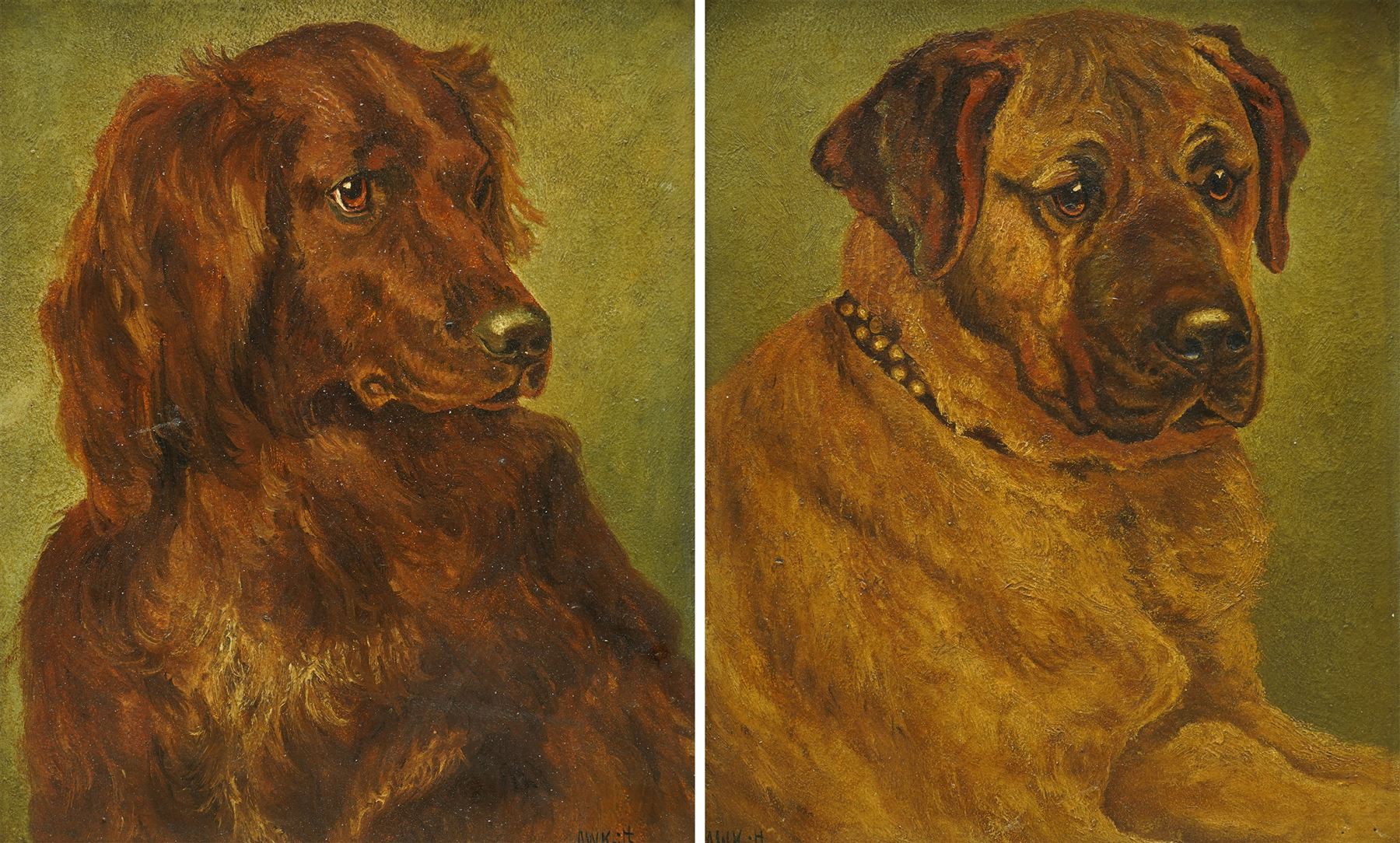 A W Keith (19th/20th Century): Mastiff and Red Setter Dog Portraits, pair oils on canvas signed and indistinctly dated, in matching gilt frames 28cm x 23cm  (2)