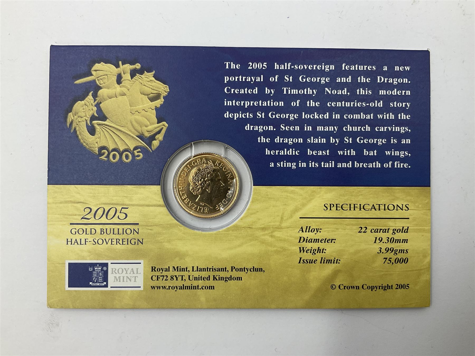 Queen Elizabeth II 2005 gold half sovereign coin, on card