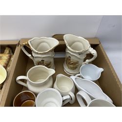 Two Poole Pottery dinner plates and a meat plate, four Copeland Spode Bermuda pattern dinner plates, Sadler jug, Keele St Pottery cottage tea wares, Torquay Motto ware, blue and white jug and bowl, two large planters and other ceramics, etc, in four boxes 