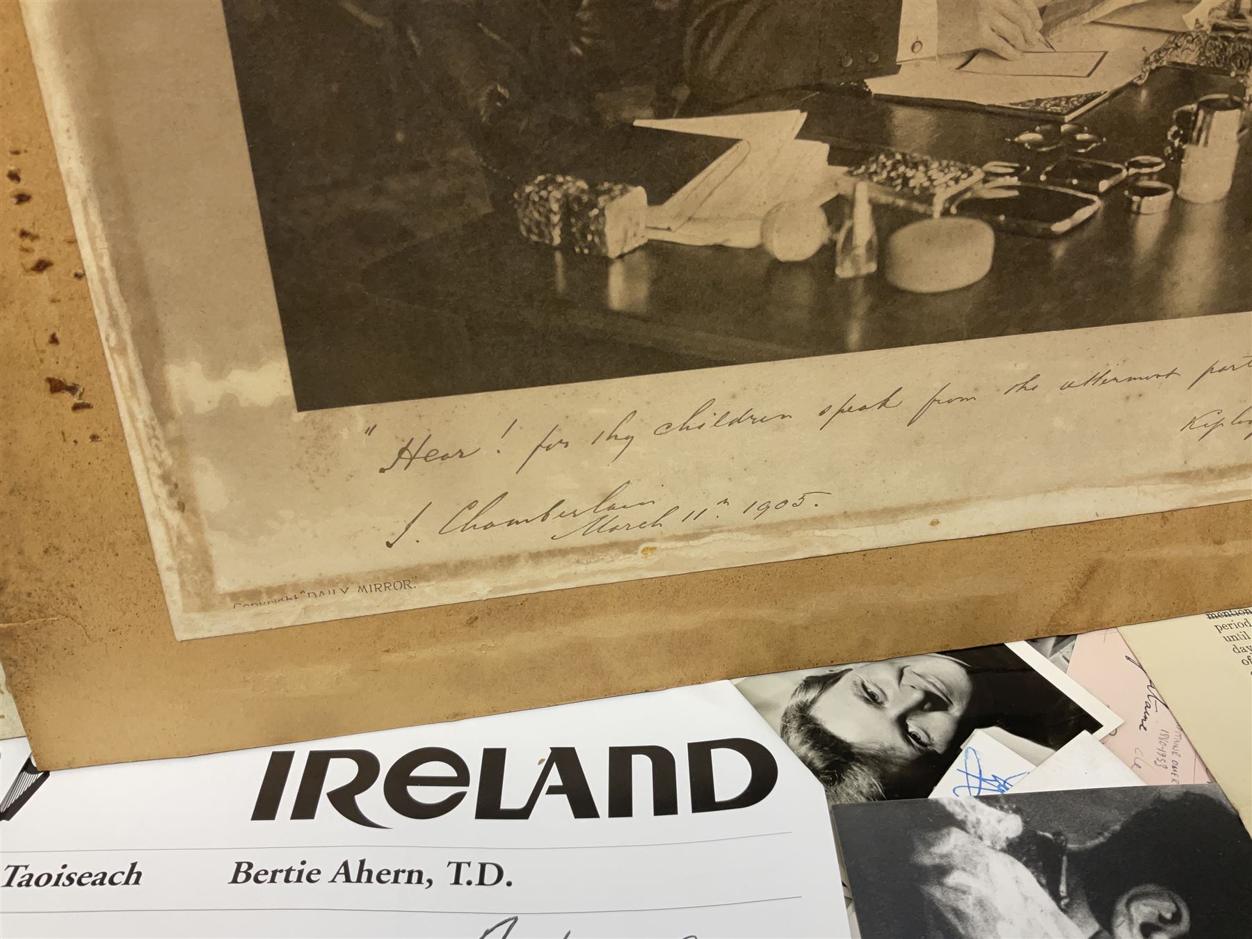 Collection of approximately  500 autographs, signed cards, signed letters, signed photographs etc from famous individuals including Sidney Godolphin, Berkeley Guise, Marquess of Salisbury (Prime Minister), Harold Wilson, Howard Macmillan, Edward Heath, Tony Blair, Prince Richard, Duke of Gloucester & Brigitte, Duchess of Gloucester, Prince Michael of Kent, Golda Meir, Kurt Waldheim, Peter Fraser, Robert Menzies, Hartley Shawcross, David Steel, Enoch Powell, Michael Foot, Denis Healey, Leon Brittan, David Owen, Neil Kinnock, Willie Whitelaw, Manny Shinwell, Norman Tebbit, Geoffrey Howe, Paddy Ashdown, Leslie Hore-Belisha, Samuel Hoare, Margaret Beckett, Michael Heseltine, Oswald Stool, Philip Ben Greet, Charles Santley, Joseph O'Mara, Ada Crossley, Ben Davies, Rutland Barrington, Evelyn Glennie, Moira Shearer, Brian Close, Steffi Graf, John Virgo, Daley Thompson, Brian Lara, Frank Bruno, Steven Spielberg, George Cukor, Leni Riefenstahl, Orson Welles, Paul Newman, Joe E.Brown, Charlton Heston, John Gielgud, Eric Sykes, Caroline Blakiston, Mercedes Ruehl, Beatie Edney, Joseph Cotton, Rula Lenska, Roy Hudd, Caroline Quentin, Ned Sherrin, Tony Britton, Lesley Joseph, Nigel Havers, Rory Bremner, Geraldine James, Clive Anderson, MyAnna Buring, Elkie Brooks, Alan Bennett, Gavin Ewart, Dean Koontz, Red Adair, Viv Nicholson, Gerald Scarfe, Screaming Lord Sutch, Maria von Trapp, Annie Besant, Reginal Bacon etc 