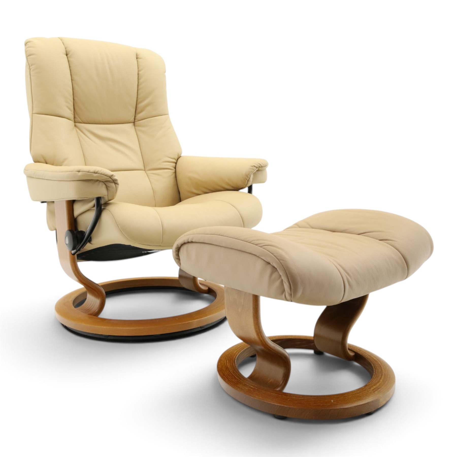 Ekornes Stressless - beech framed reclining swivel armchair with matching footstool, on U-shaped supports with circular bases, upholstered in beige leather