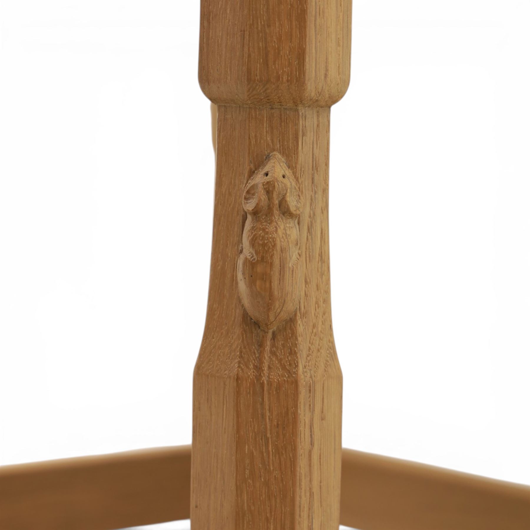 Mouseman - oak armchair high back with fleur de lis motif, red leather padded seat with brass studded trim, with carved mouse signature, by the workshop of Robert Thompson of Kilburn