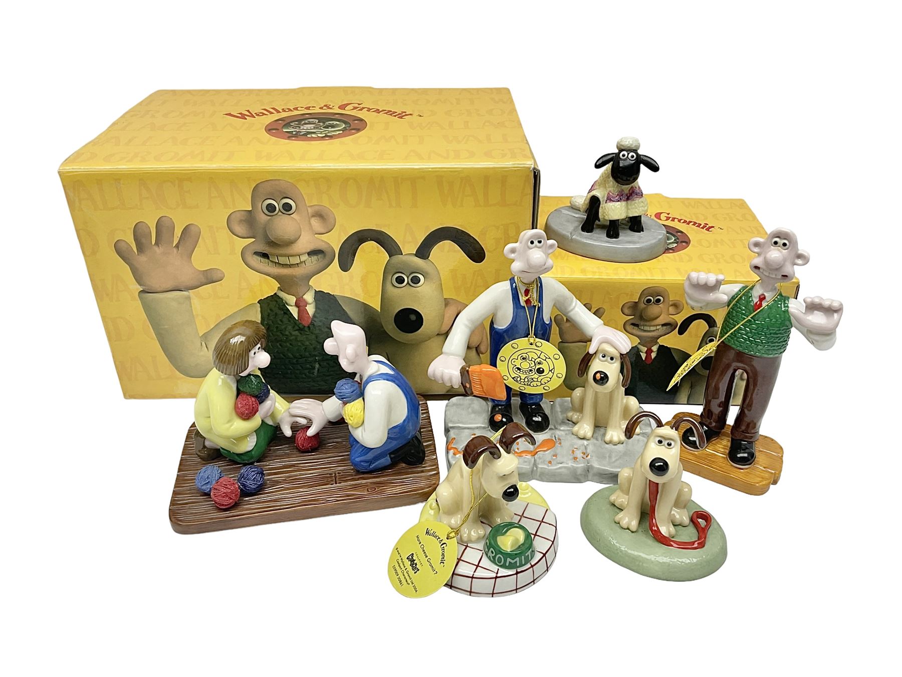 Six Coalport Characters Wallace and Gromit figures, comprising Ready for Takeoff, Woolshop Encounter, Do Something Gromit, Shaun's New Coat, More Cheese Gromit and Happy Birthday Gromit, two with original boxes 