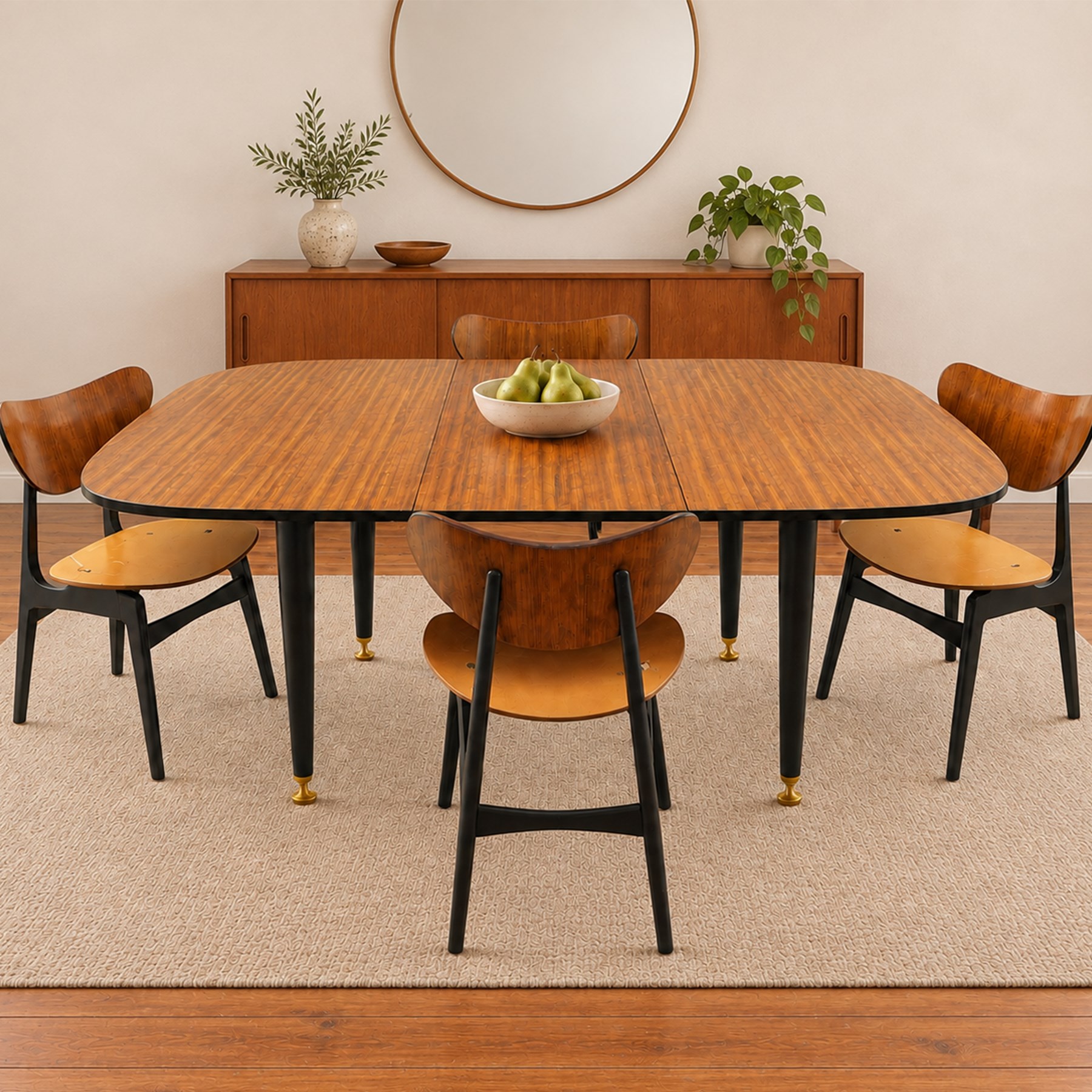 E Gomme for G Plan - mid-20th century teak extending 'Librenza' dining table, rectangular top with rounded corners and integrated additional leaf, on tapering ebonised supports (W137cm D118cm H73cm) extended (190cm); with set of four matching Librenza chairs (W47cm H74cm)