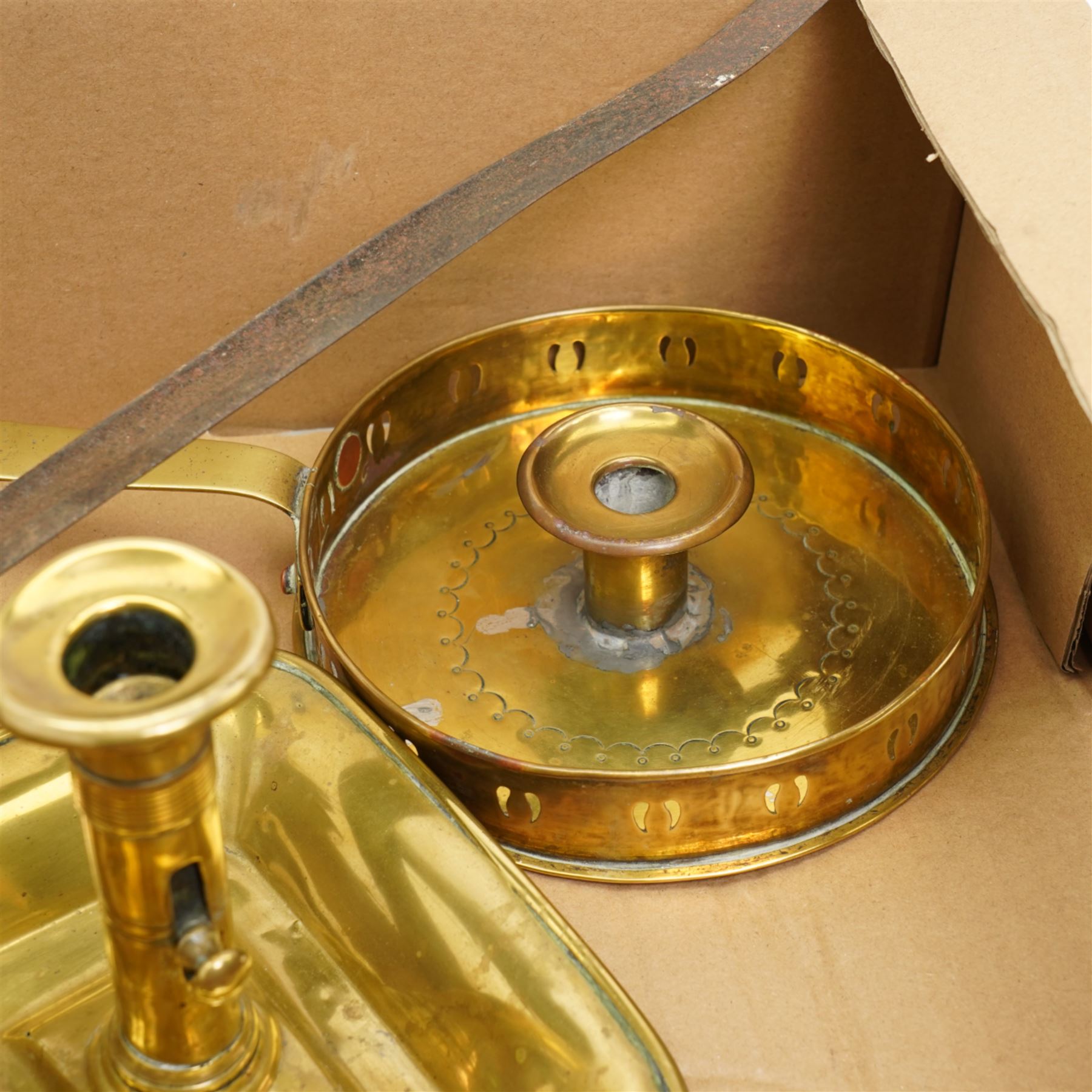 French chassepot bayonet no. T73929, two 19th century brass chamber candlesticks, brass bell and fire irons; and miniature miners lamp marked 'March W.A.H 1976'