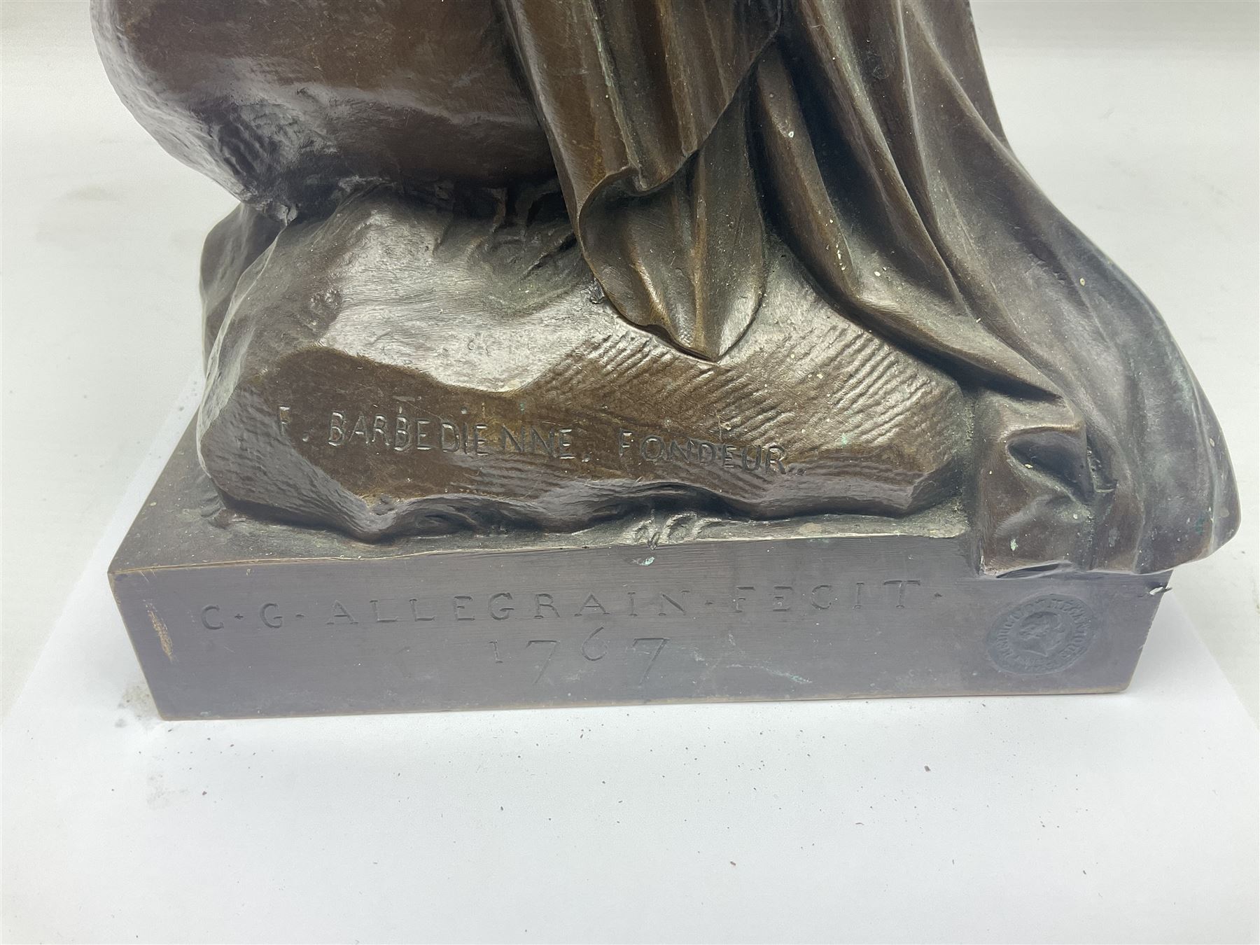 After Christopher Gabriel Allegrain (1710-1795),  Venus au bain, bronze, upon square plinth, Impressed F Barbedienne Fondeur, the base impressed C G Allegrain Fecit 1767, and bearing Barbedienne foundry seal, overall H51cm