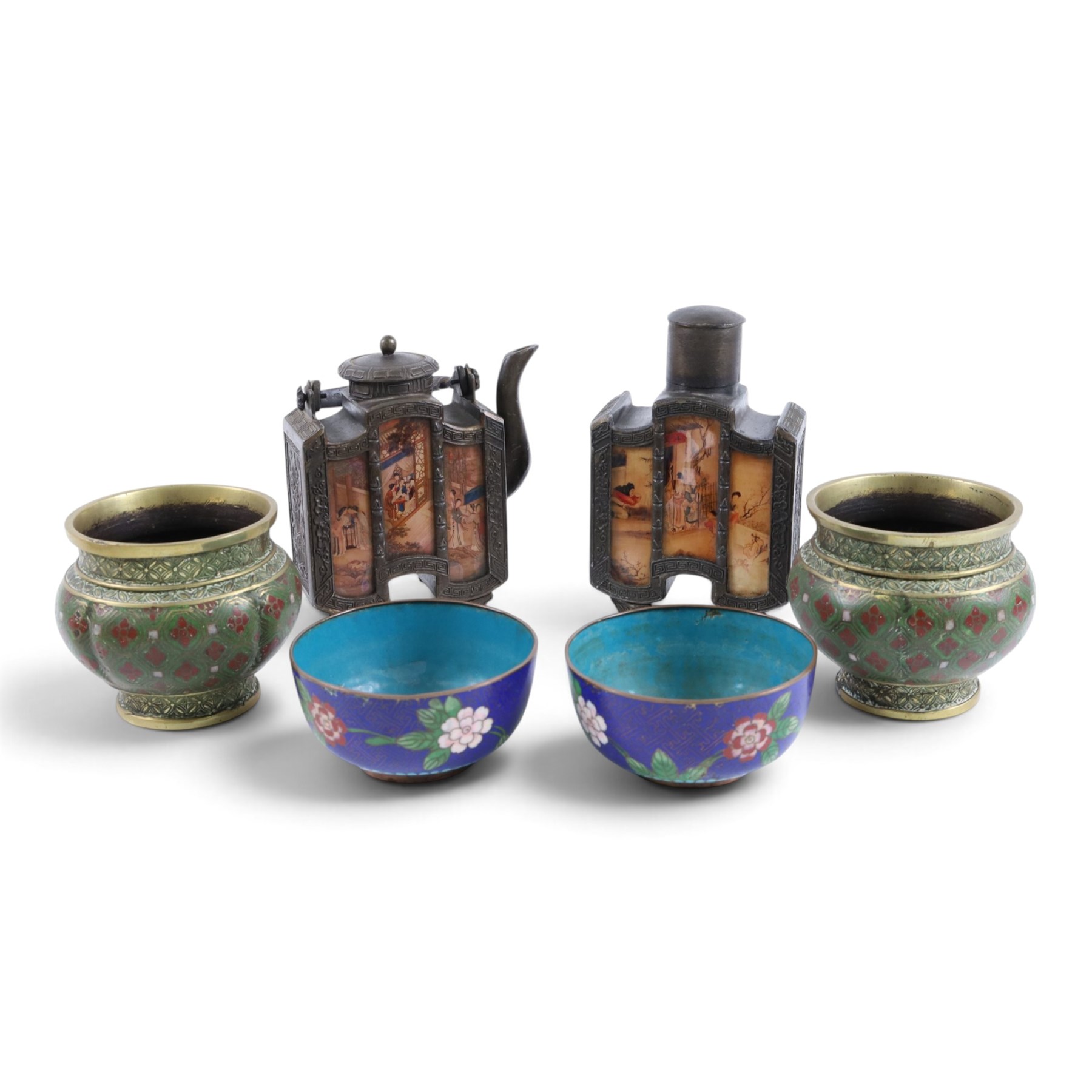 Pair of cloisonne bowls, decorated with flowers upon a blue ground, together with a pair of cloisonne pots, teapot and hot water pot