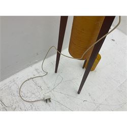 Mid century floor standing rocket lamp, the spun cylindrical orange fibreglass shade supported by three tapering teak legs, together with a matching small cylindrical shade, lamp H112cm