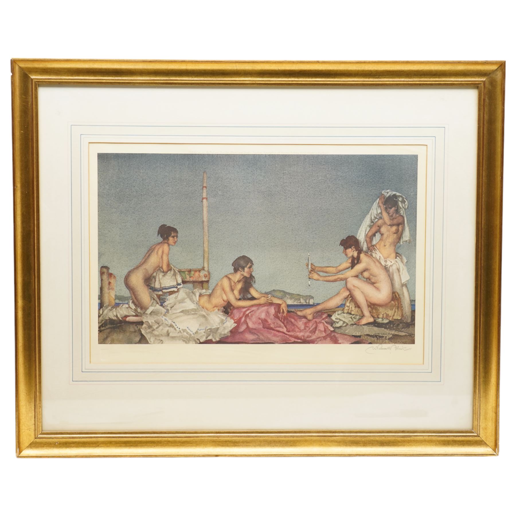 Sir William Russell Flint (Scottish 1880-1969): 'The Silver Mirror' 'Three Girls' and 'Janelle and the Volume of Treasures', three limited edition colour prints numbered in pencil with blind-stamp, the former signed in pencil max 40cm x 53cm (3)