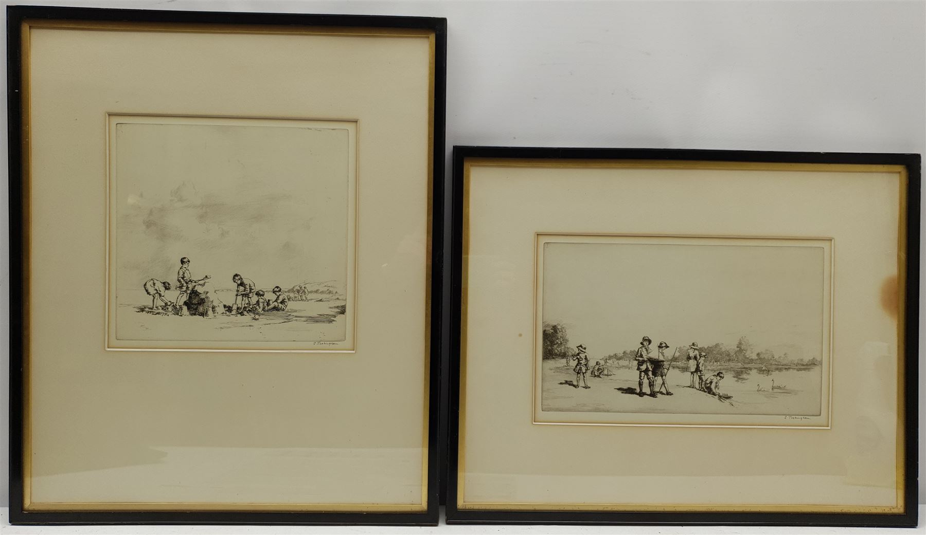 Sidney Tushingham (British 1884-1968): 'Sandcastle' and 'Round Pond Kensington', two etchings signed in pencil, original title labels verso 25cm x 26cm and 21cm x 33cm (2)