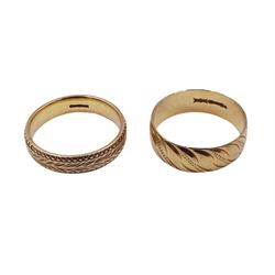 Two gold wedding bands with engraved decoration, both hallmarked 9ct