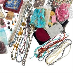 9ct gold stud, silver earrings and a collection of beaded necklaces, bracelets and other costume jewellery, Augarten Wien horse, etc