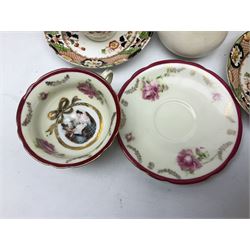 Calais Imari style part tea service, Mason's Chartreuse pattern plate, Arthur Wood Gaudy Welsh style coffee pot, and Victoria Ware teacup and saucer