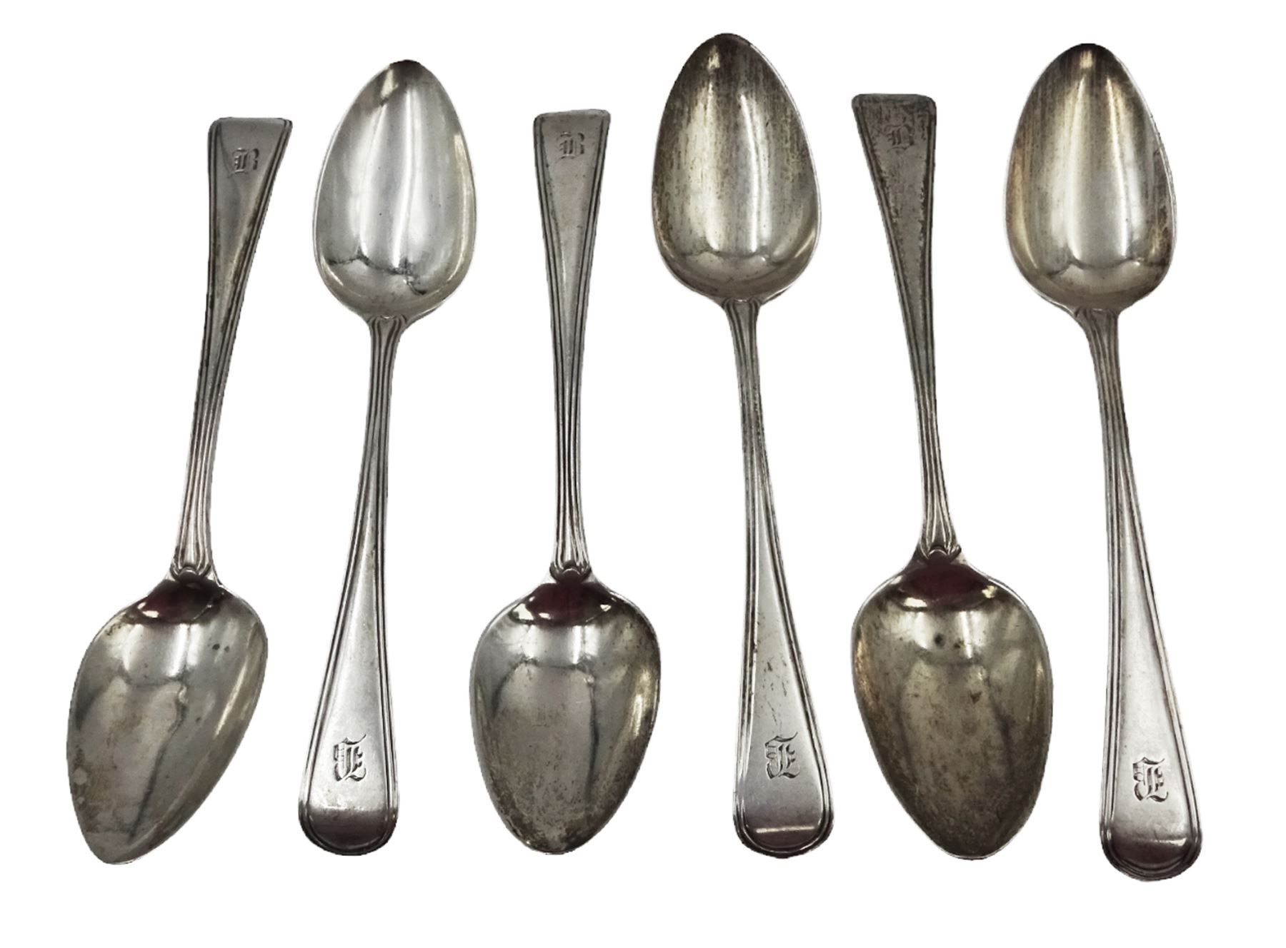 Set of five George III silver Old English pattern teaspoons, each with reed borders and engraved with initial B, hallmarked London 1798, maker's mark HS, together with one very similar George IV silver spoon, hallmarked Richard Britton, London 1826