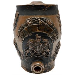 19th century stoneware spirit barrel, with applied relief moulded decoration of coat of arms beneath a banner inscribed GIN, flanked by flowers emblematic of The Union, and two recumbent lions, H28cm