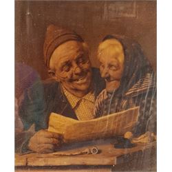 English School (19th/20th century): Reading the Paper, oil on glass en grisaille unsigned 25cm x 21cm