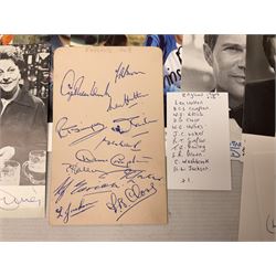1949 England cricket team signatures including Hutton, Compton, Edrich, Laker etc on loose album page; and large quantity of other autographs of predominantly TV Soap Opera stars from Last of the Summer Wine, Eastenders, Emmerdale, Coronation Street, Heartbeat etc and other TV/Film personalities; on promotional photographs and clipped fragments of paper etc