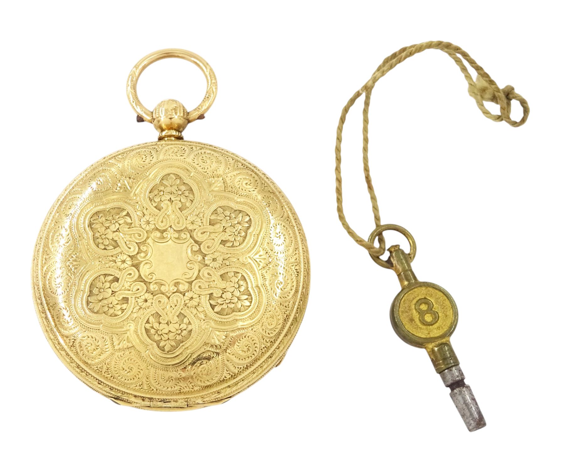 Victorian 18ct gold open face fusee lever pocket watch by T G Tate, Winterton, No. 9082, gilt dial with Roman numeral hour markers, case with engraved foliate decoration, London 1882