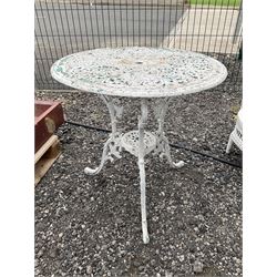 White painted, cast aluminium bistro table, and wicker painted chair - THIS LOT IS TO BE COLLECTED BY APPOINTMENT FROM DUGGLEBY STORAGE, GREAT HILL, EASTFIELD, SCARBOROUGH, YO11 3TX
