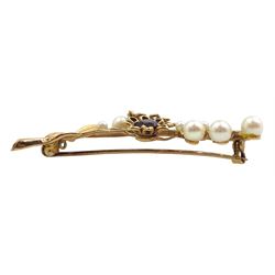 9ct gold garnet and pearl flower spray brooch, hallmarked