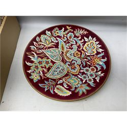 Sylvac green seated dog, together with pair Wade Heath vases, wall charger and other collectables, in two boxes  