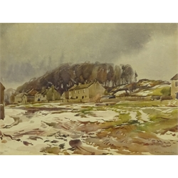  Fred Lawson (British 1888-1968): Castle Bolton Village with a Covering of Snow, watercolour signed 27cm x 37cm  DDS - Artist's resale rights may apply to this lot    